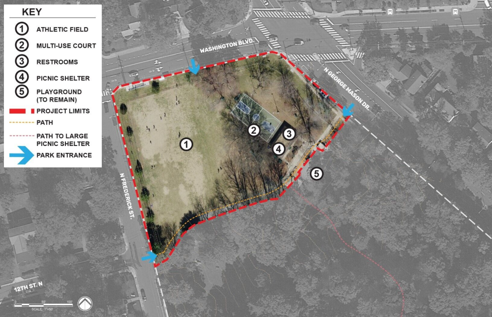 The existing conditions map shows the site with the athletic field to the west, basketball court, restroom shelter, and picnic shelter to the east, and playground to remain in the southeast. 