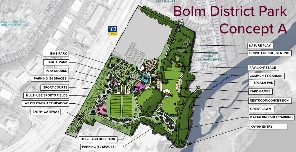 Overhead drawing of Concept A for Bolm Park showing bike park, skate park, playground, parking, sport courts and fields, meadow, parking, river entry