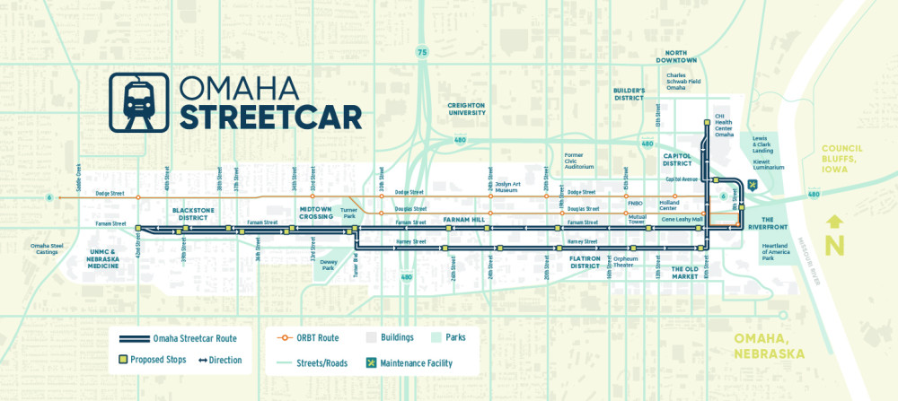 Omaha Streetcar Route and stop locations as of March 7