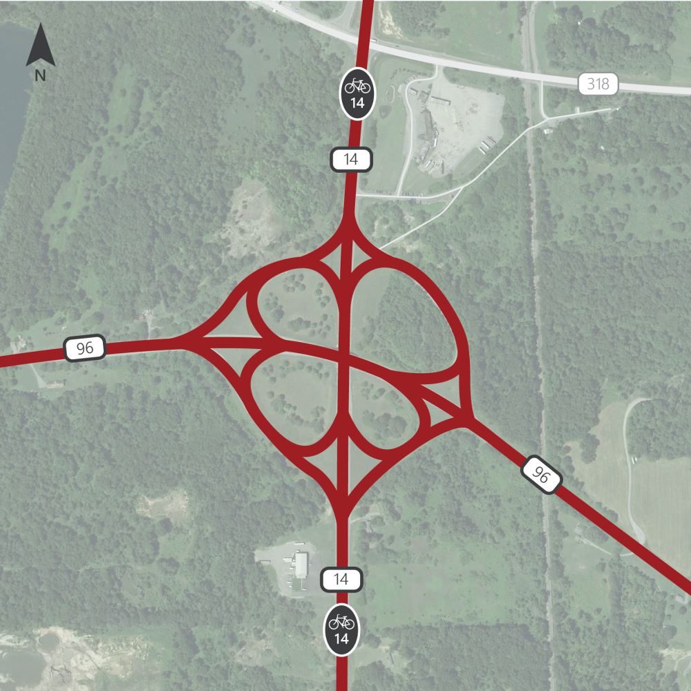 Existing layout and footprint of Rt 96 over Rt 14 depicting a cloverleaf interchange.