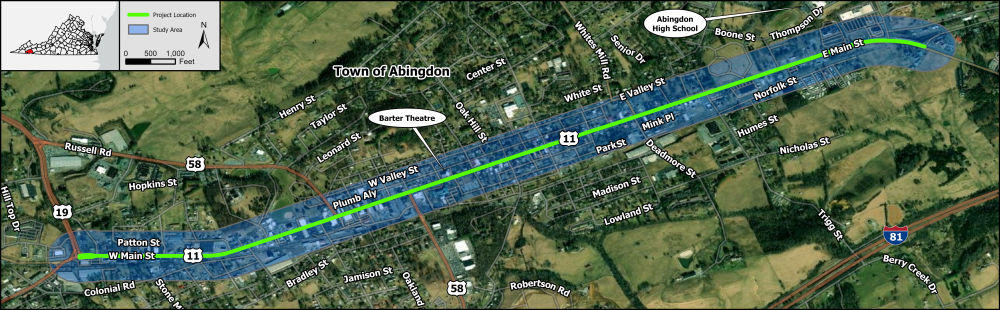 Study area map for Project Pipeline Study BR-23-06 depicting the Route 11 (Main Street) corridor within the Town of Abingdon