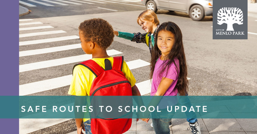 Safe Routes To School Update banner with three children crossing crosswalk