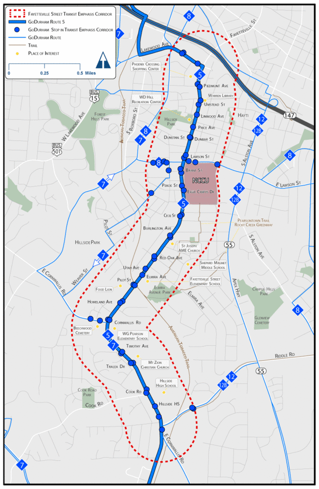 map of Fayetteville Street showing bus stop locations