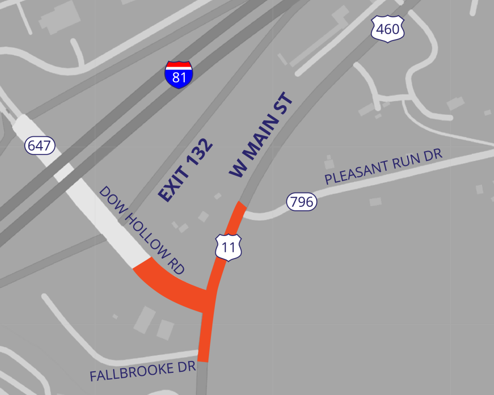 Graphic depicting the Route 11/460 at Dow Hollow Road study area.