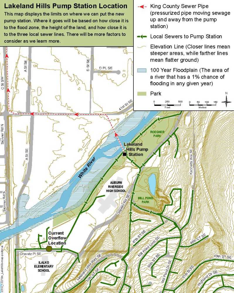 The map of the Lakeland Hills Pump Station shows sewer lines connecting to the pump station, the White River and flood zone, and the elevation of the surrounding areas in Auburn.