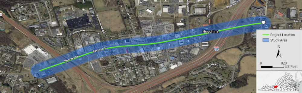 Study area map for Project Pipeline Study SA-23-07 depicting the Roanoke Street (Route 11/Route 460 Business) corridor from Falling Branch Road to Tower Road in the Town of Christiansburg