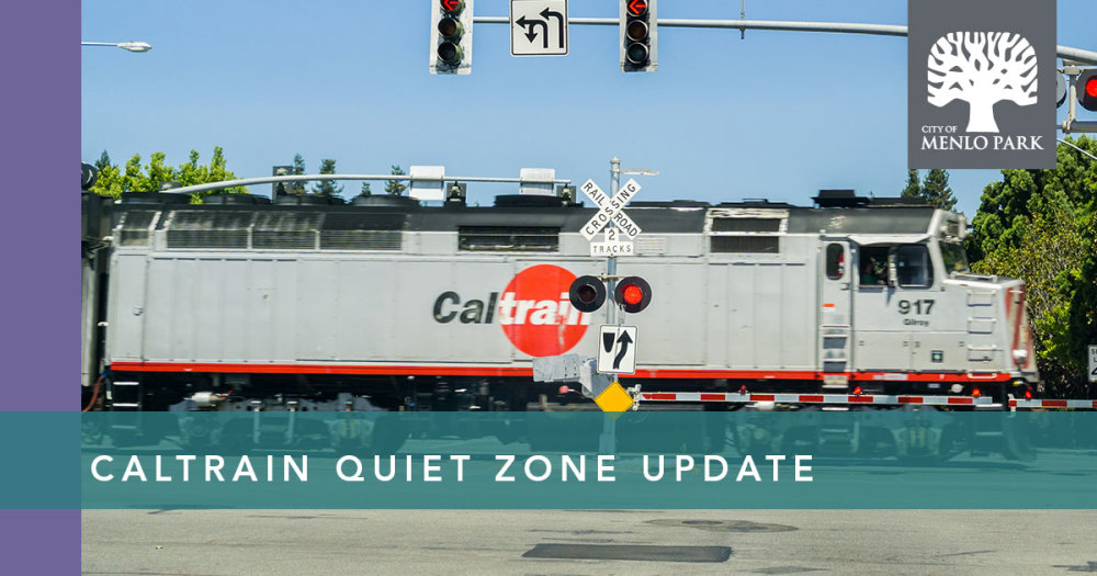 Caltrain Quiet Zone update banner with caltrain engine at crossing