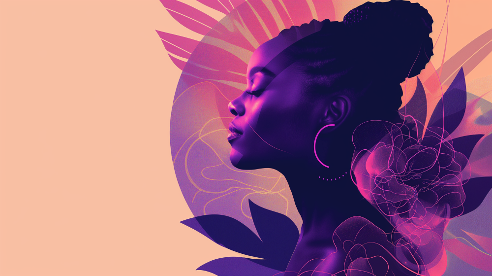A vibrant, modern, and elegant digital illustration representing the Black Women’s Experience Project. The background is a warm Champagne color. In the center, there is a stylized silhouette of a Black woman in rich Purple and Deep Purple shades, adding depth. Soft Rose and Teal accents highlight key features. The design includes geometric and abstract flower shapes and patterns in Lavender, Warm Brown, and White, creating a harmonious and visually appealing composition.