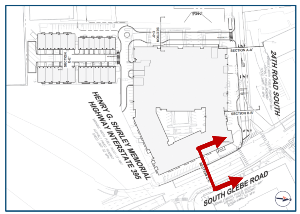 A bird’s-eye-view of the project site showing where the cross-section of South Glebe Road is taken