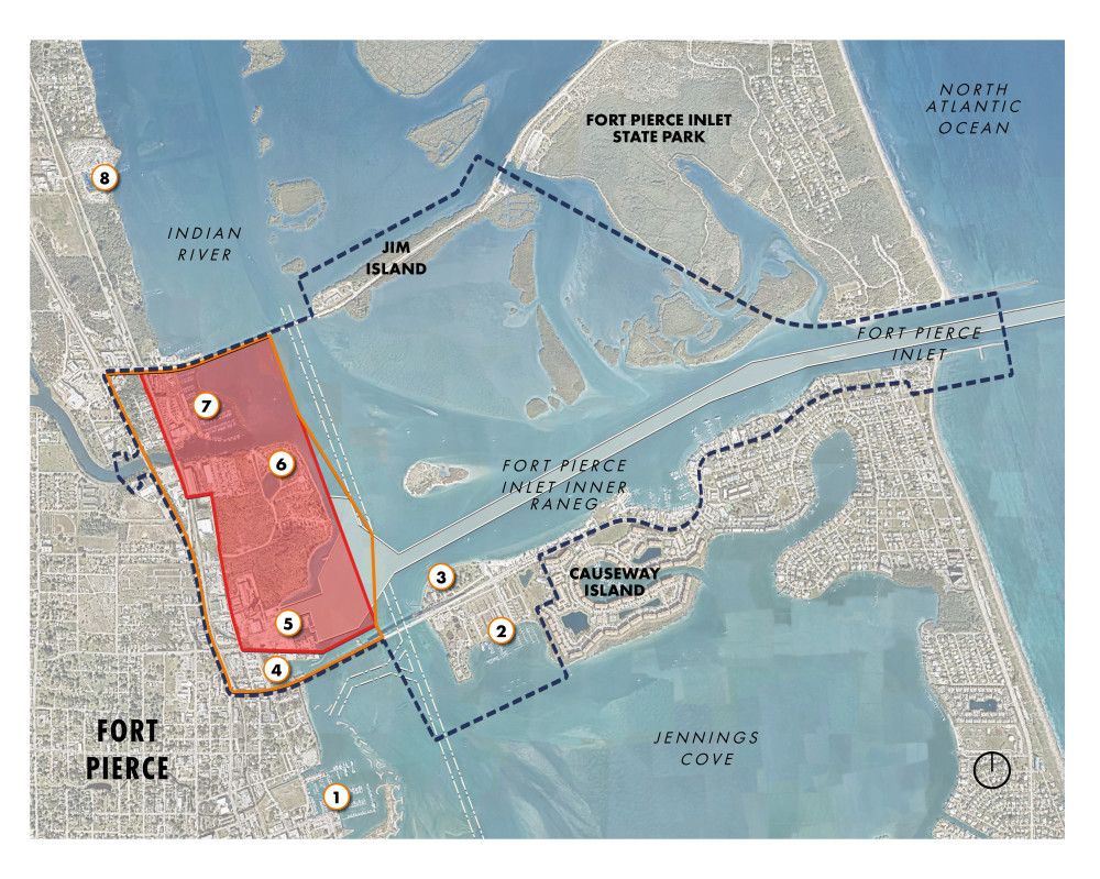 This image shows the regional context of the Port of Fort Pierce with north orientation. The view extent is from Riverside Marina in the top left, Fort Pierce City Marina in the bottom left, Causeway Island in the lower right, and Fort Pierce Inlet State Park in the top right. Indian River, Fort Pierce Inlet, and Jennings Cove are also called out. The Port Planning Area is demarcated by a dashed navy-blue outline and is approximately 1,546 acres. The Port Operations Area is approximately 258 acres and is represented by an orange boundary. The Port Study Area is approximately 256 acres and is denoted by a red outline with a semitransparent fill.  Moving chronologically through the regional context map, 1. Fort Pierce City Marina, is located in the lower left. 2. Causeway Cove and 3. Museum Point Park are both located on Causeway Island, with Causeway Cove to the south of Seaway Drive, and Museum Point Park to the north of Seaway Drive. 4. Fisherman’s Wharf is located within the Port Operations Area and is south of the Project Study Area. 5. Harbor Pointe Park is located in the northeastern corner of the Project Study Area. 6. Safe Harbor Harbortown is located northwest of Harbor Pointe Park, south of North Causeway and within the Port Operations Area. 