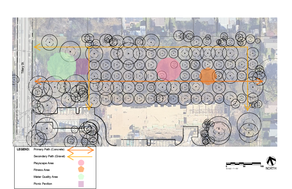 Diagrama de burbujas del concepto de parque propuesto que incluye sendero para caminar, equipo de ejercicios, pabellón cubierto, área de juegos y retención de agua, mientras se protegen los árboles.