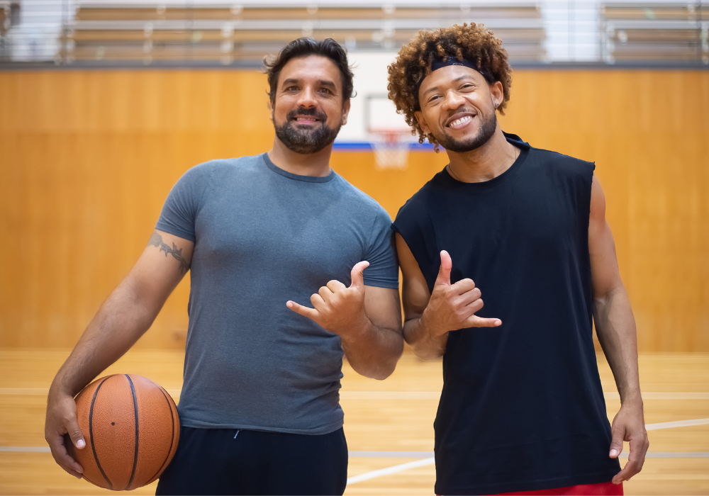 Two athletic men with a basketball