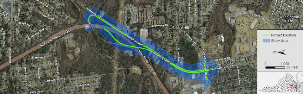 Study area map for Project Pipeline Study RI-23-08 depicting the U.S. Route 301 (Chamberlayne Road) corridor between Azalea Avenue and I-95 in Henrico County.