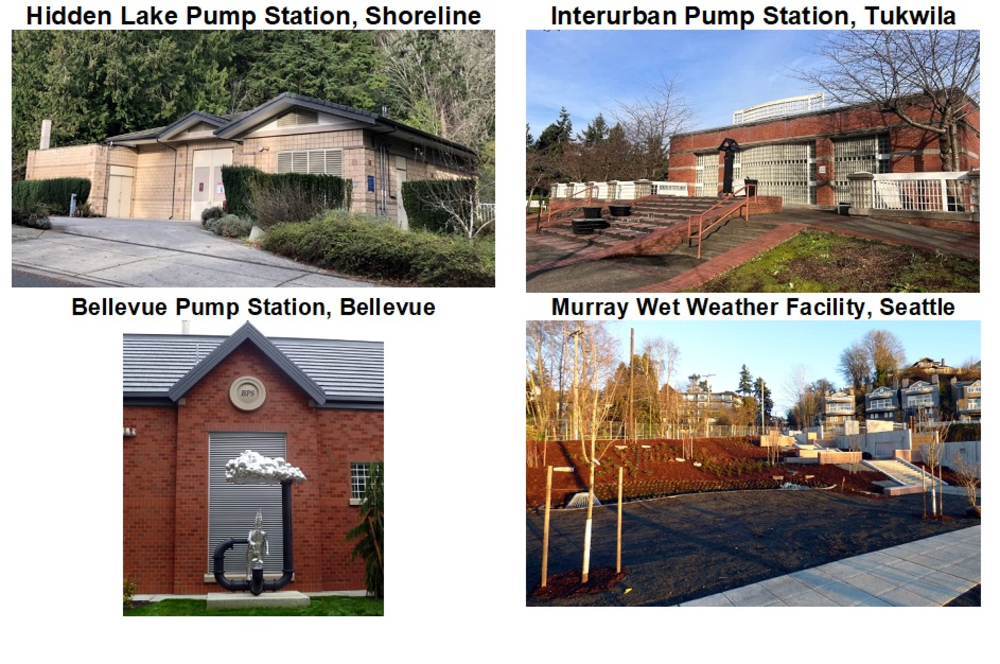 Examples of King County wastewater facilities blending into neighborhoods and parks nearby. Examples include the Hidden Lake Pump Station in Shoreline, Interurban Pump Station in Tukwila, Bellevue Pump Station in Bellevue, and the Murray Wet Weather Facility in Seattle.