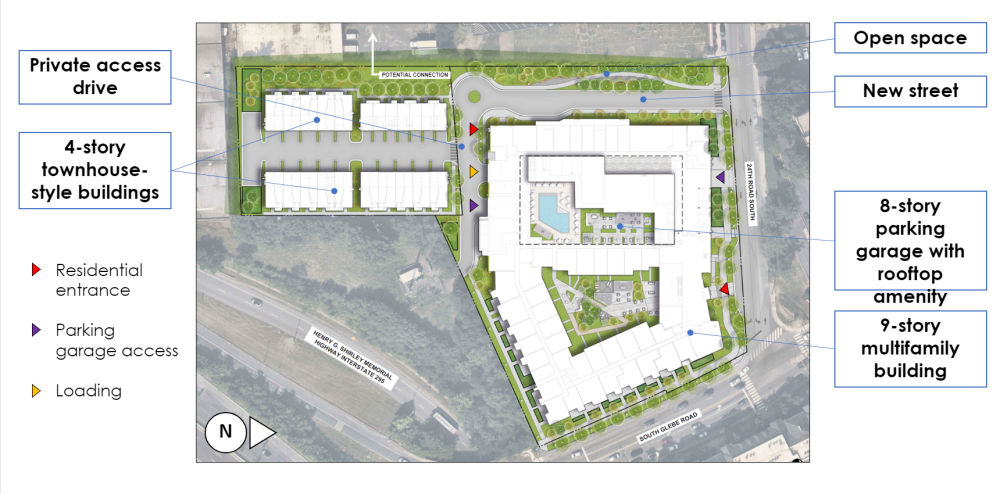 A bird’s-eye-view diagram shows 37 separate townhouse-style units and a new 9-story multifamily residential building wrapped around an 8-story parking garage