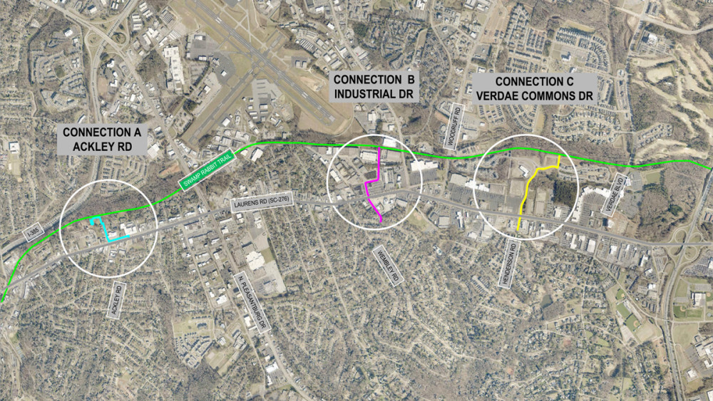 map showing three potential connections to the Green Line