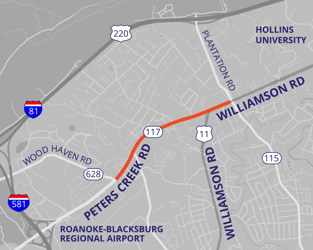 Graphic depicting the Peters Creek Road and Williamson Road study area.