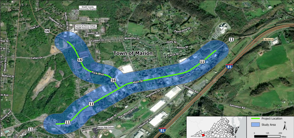 Study area map for Project Pipeline Study BR-23-07 depicting the Route 11 (Main Street) and Route 16 (Park Boulevard) corridors within the Town of Marion