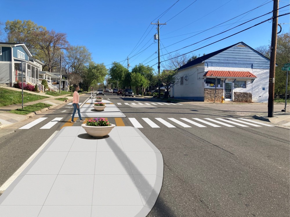 Showing a proposed Crosswalk design for Blount Street at Bragg Street. Shows a concrete bump out with high vis crosswalk markings