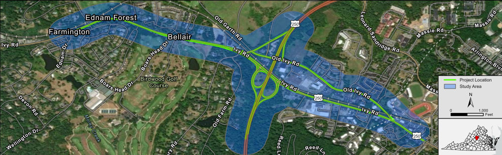 Study area map for Project Pipeline Study CU-23-09 depicting the U.S. 250 (Ivy Road) corridor, including the interchange with U.S. 29, in Albemarle County and the City of Charlottesville