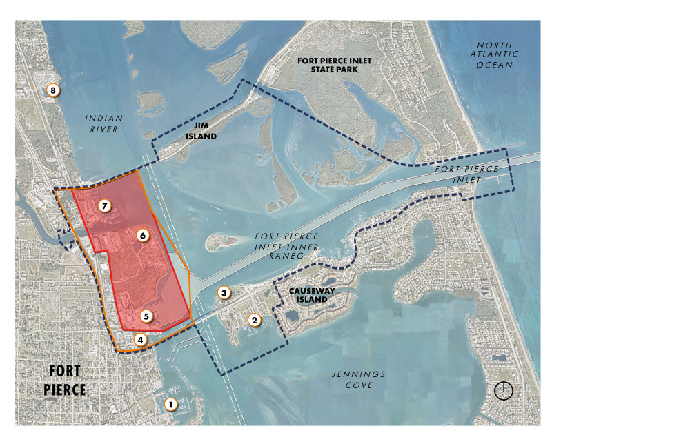 This image shows the regional context of the Port of Fort Pierce with north orientation. The view extent is from Riverside Marina in the top left, Fort Pierce City Marina in the bottom left, Causeway Island in the lower right, and Fort Pierce Inlet State Park in the top right. Indian River, Fort Pierce Inlet, and Jennings Cove are also called out. The Port Planning Area is demarcated by a dashed navy-blue outline and is approximately 1,546 acres. The Port Operations Area is approximately 258 acres and is represented by an orange boundary. The Port Study Area is approximately 256 acres and is denoted by a red outline with a semitransparent fill.  Moving chronologically through the regional context map, 1. Fort Pierce City Marina, is located in the lower left. 2. Causeway Cove and 3. Museum Point Park are both located on Causeway Island, with Causeway Cove to the south of Seaway Drive, and Museum Point Park to the north of Seaway Drive. 4. Fisherman’s Wharf is located within the Port Operations Area and is south of the Project Study Area. 5. Harbor Pointe Park is located in the northeastern corner of the Project Study Area. 6. Safe Harbor Harbortown is located northwest of Harbor Pointe Park, south of North Causeway and within the Port Operations Area.