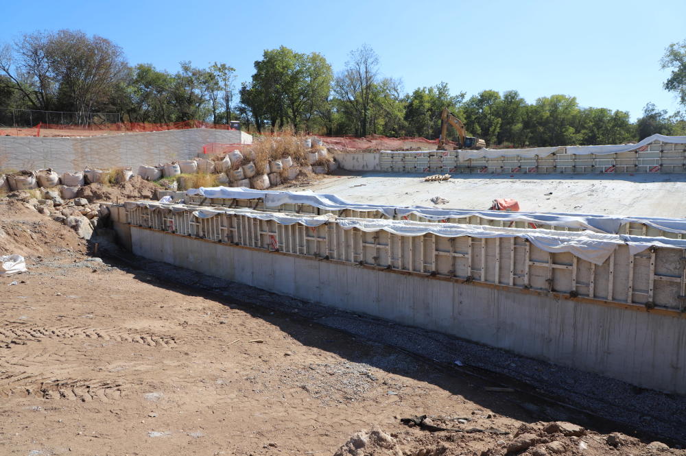 Image of the concrete drop structure that are in construction at the Roy G. Guerrero Park Channel Stabilization project site.