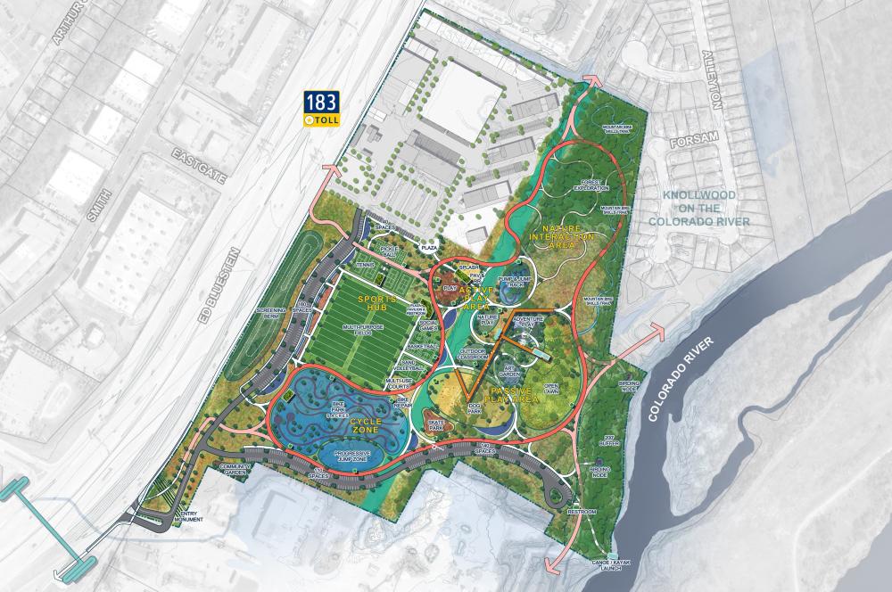 Overhead concept draft of Bolm Park showing parking, natural play and exploration areas, sports hub with fields and courts, cycle zone, passive and active play areas, trails, park circulation, and connection to area around the park