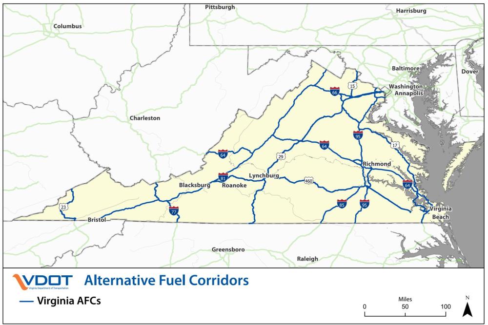 Map of Virginia's alternative fuel corridors.