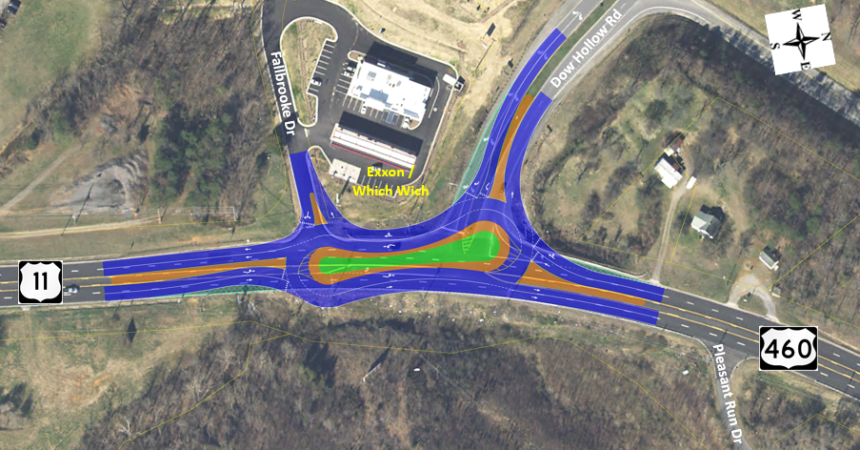 Graphic depicting the recommendation along Route 11/460 at Dow Hollow Road and Fallbrooke Drive.