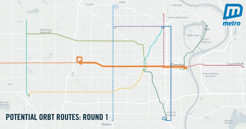map image showing potential ORBT routes: - north/south on 24th street from Ames to Harrison - north/south on 30th street north of Dodge - north/south on Abbott Drive from Downtown to the airport - north/south along the Beltline from 30th & Ames to MCC South - north/south on 72nd Street - north/south on 148th - east/west on Maple from 148th to Midtown - east/west on Center from 148th to Midtown - current ORBT line extended west to Elkhorn - current ORBT line extended east into Council Bluffs
