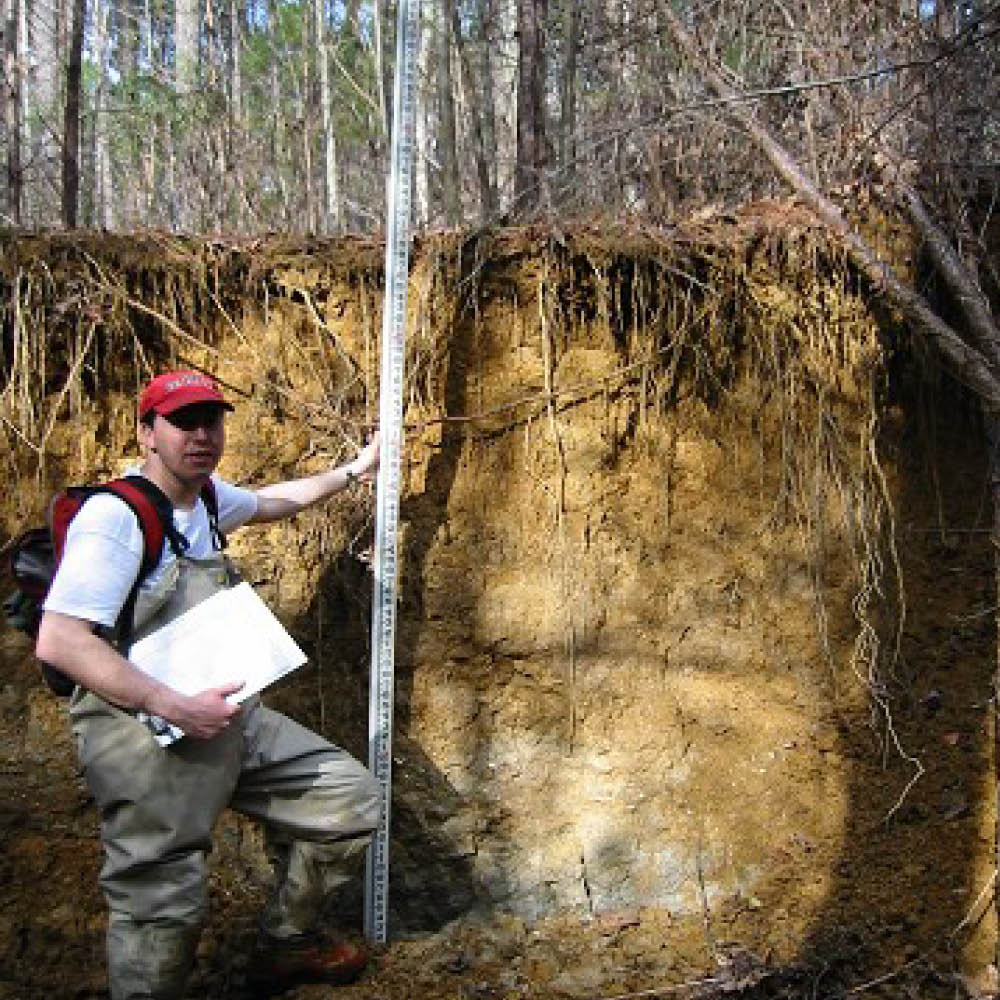 A person standing in an eroded stream showing the height of the steep banks.