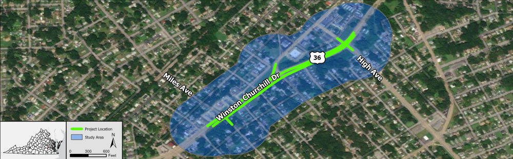 Study area map for Project Pipeline Study RI-23-09 depicting the Route 36 (Winston Churchill Drive) corridor between Miles Avenue and High Avenue within the City of Hopewell