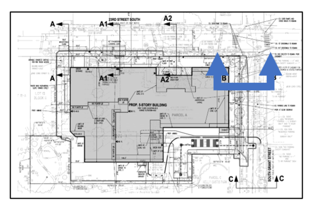 A diagram of the proposed building shows the location of the diagram of S. Grant St. that appears below.