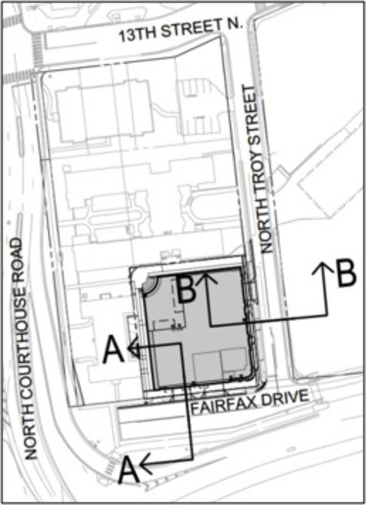 Un mapa del sitio del proyecto que muestra la ubicación de las mejoras propuestas en el paisaje urbano de Fairfax Drive y North Troy Street