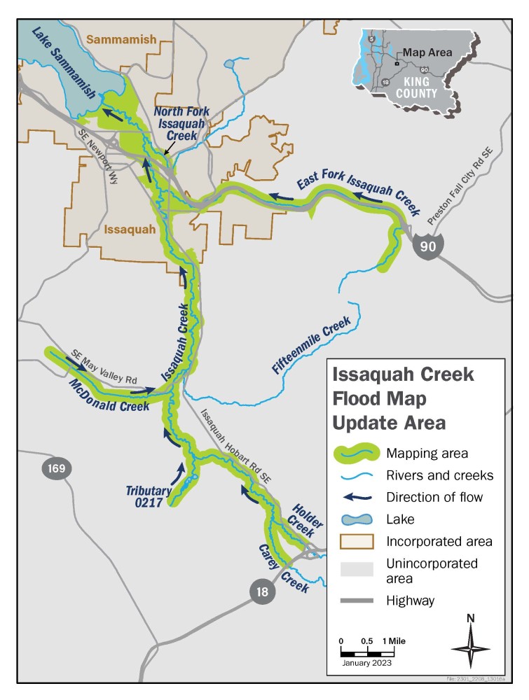 Map of Issaquah Creek and the flood study area.