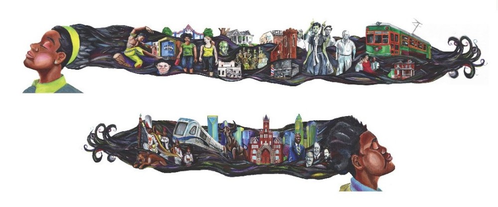 "Heritage of Biddleville" by artist Dyair, for the mural on the West Trade underpass retaining wall along the streetcar alignment