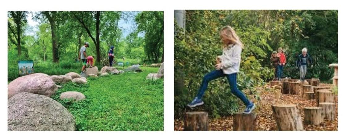 Two image reflect nature play possiblities: large boulders to walk and balance on and a path of tree stumps.