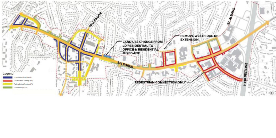 The previous Six Forks recommendations also included potential future street connections at Westridge Drive/Northfield Drive/Six Forks Road and at Gates Street. In response to feedback those recommendations have been changed as well. The Gates Street connection would be a pedestrian connection. The Westridge/Northfield/Six Forks connection has been removed. A future study would consider the type and timing of any connections and also consider issues related to school transportation needs along Rowan Street related to Carroll Middle School and St. Timothy s. See the image for details. How well do these recommendations meet the plan s goals of improving walkability providing more travel options and ensuring safe travel speeds?