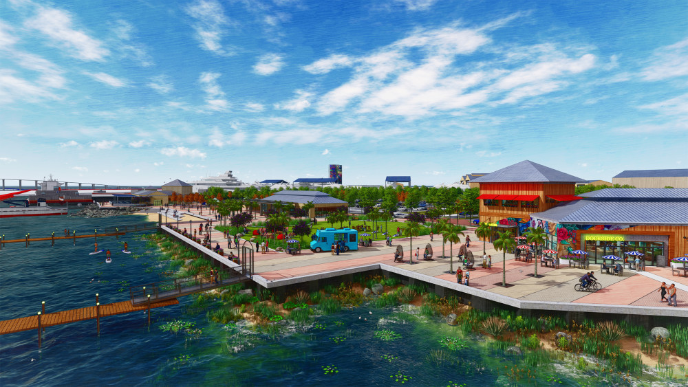 This image shows a perspective rendering of the Harbour Point waterfront, activated by a variety of public space and urban uses for the public to enjoy. Food and beverage and retail uses are evident in the right side of the image, with red and white / blue and white striped umbrellas providing shade for outdoor seating. Palm trees puncture the paving in the waterfront esplanade and various seating arrangements allow people to sit and observe the marina and water. A large open lawn in the middle of the rendering allows people to congregate for various activities. A food truck is set up adjacent to the lawn. Along the esplanade, lighting fixtures, seating and two entrances to the docks create an edge condition. Three paddleboarders are seen enjoying the water between the marina docks and waterfront edge. There is a small beach with seating steps for those interested in getting access to the water. In the back of the image, a mega-yacht is visible along with activity from the shipyard.