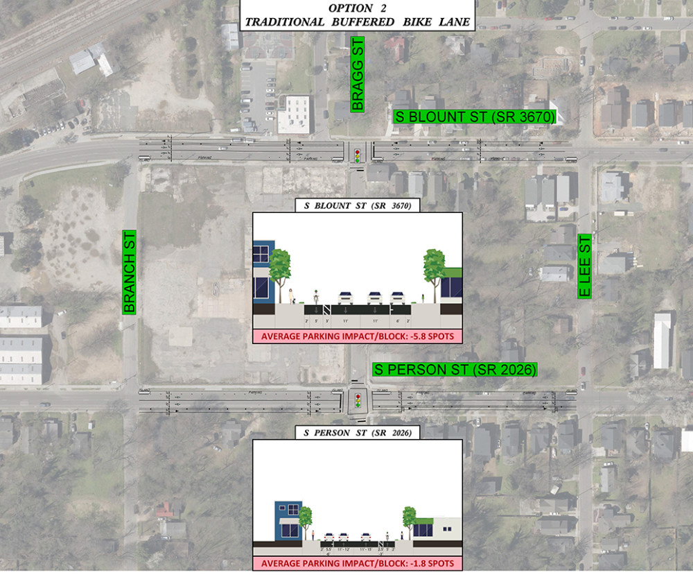 Shows a map image and a rendering of Blount and person street at Bragg Street option 2 with separated bike lanes on one side of the street and on-street parking on the other. 