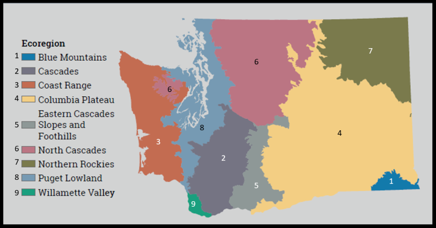 This is a map of Washington state s nine ecoregions numbered and with a legend