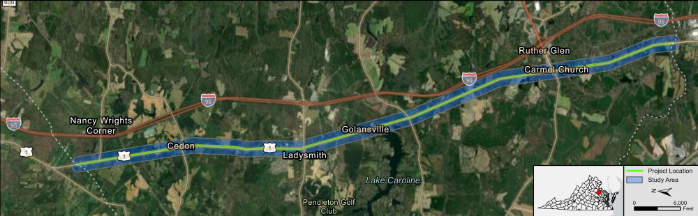 Study area map for Project Pipeline Study FR-23-07 depicting the Route 1 corridor within Caroline County