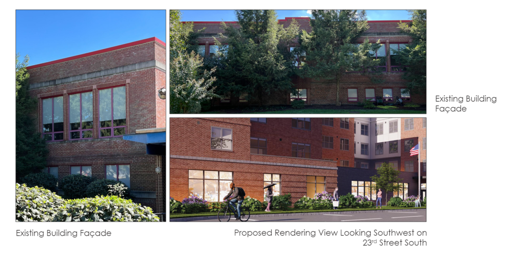 Two photos show the brick façade of the existing building at 750 23rd Street South. This building is the Nelly Custis School. A third image is a rendering that shows the proposed new building, which also has a brick façade.