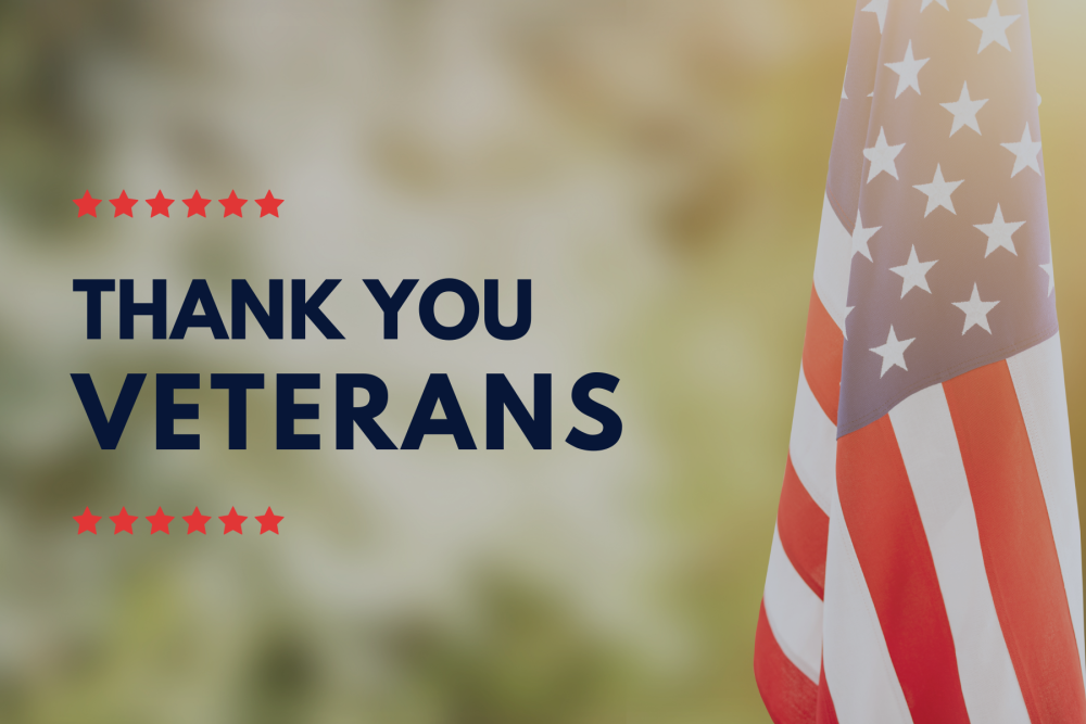 A graphic with an American Flag and text saying Thank You Veterans