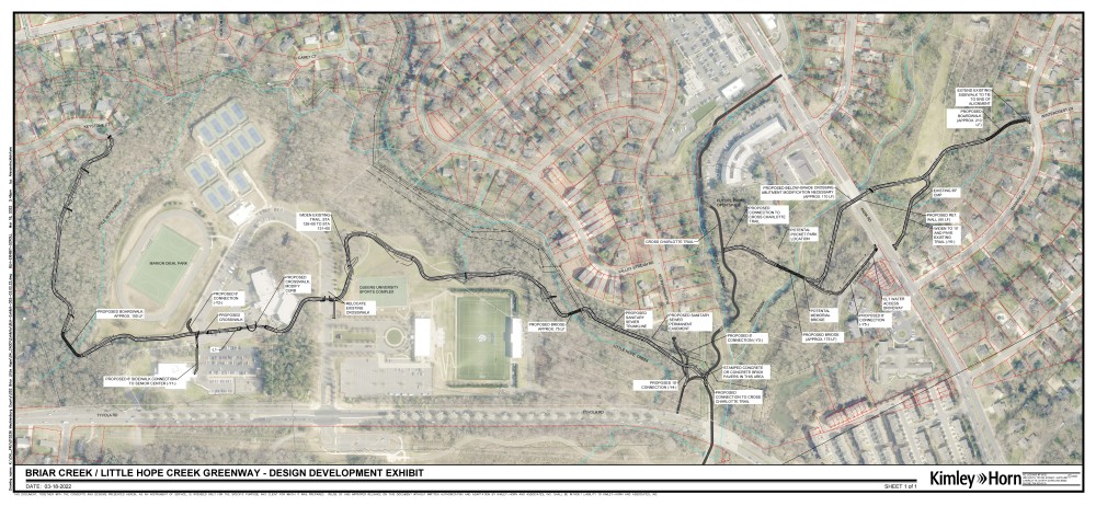Map of the alignment of Briar/Little Hope Creek Greenways going through Marion Diehl Park.