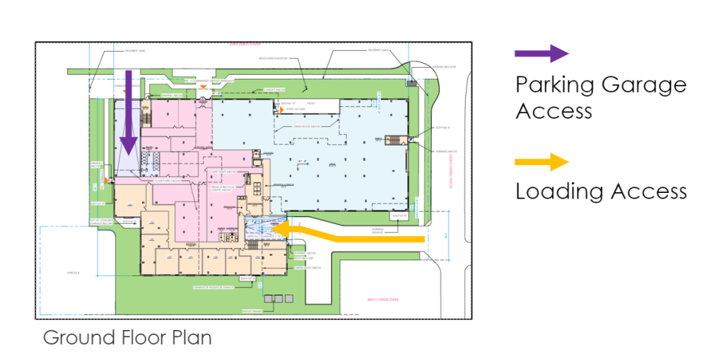 A ground floor plan of the proposed building shows that access to the parking garage would be at the northwest corner of the site. Loading access would be through a driveway that cuts in from the east side of the site and runs parallel to Nelly Custis Park.