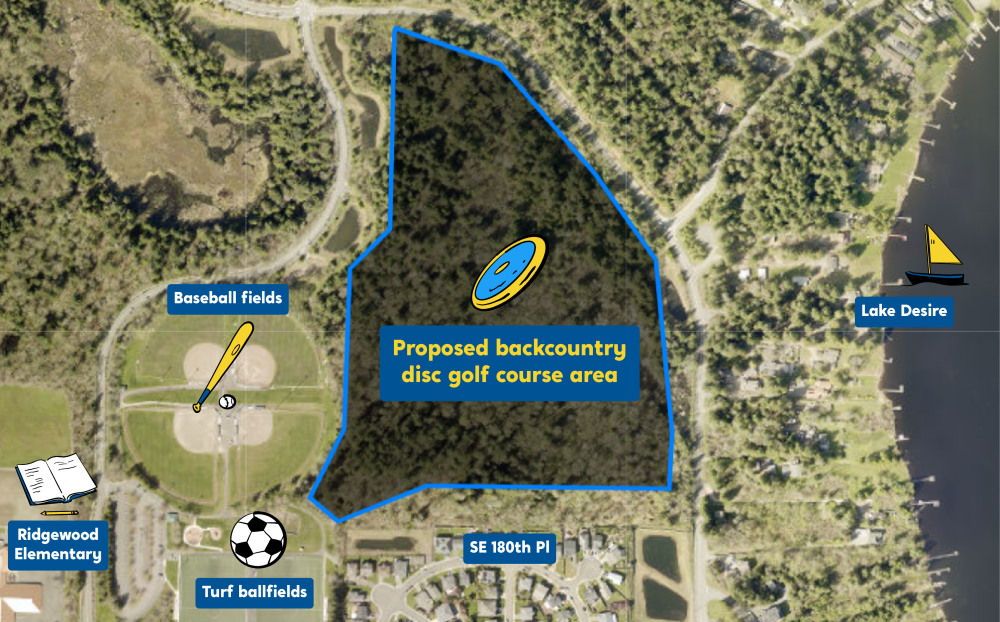 An aerial map of Petrovitsky Park showing labels of where landmarks are in comparison to the outlined proposed area for a disc golf course.