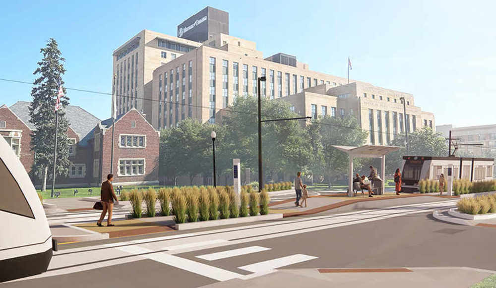 streetcar stop in midtown Omaha with stop in center median of street