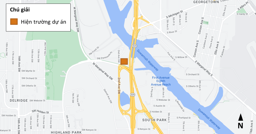 Bản đồ khu vực hiện trường dự án, bao gồm các phần thuộc khu vực Georgetown, South Park, Highland Park và Delridge. Hiện trường dự án nằm ở góc giữa 2nd Ave SW và SW Michigan St gần cầu First Ave Bridge.