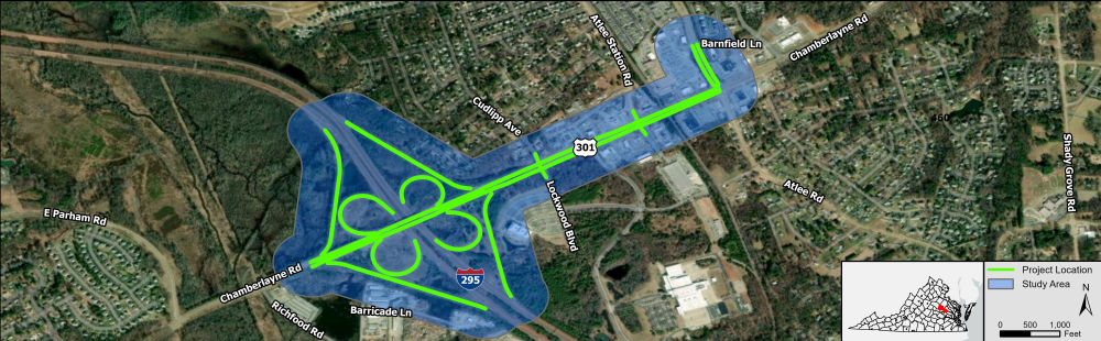 Study area map for Project Pipeline Study RI-23-11 depicting the U.S. Route 301 (Chamberlayne Road) corridor from I-295 to Atlee Road, including the Route 637 (Atlee Station Road) and Route 1206 (Cudlipp Avenue/Lockwood Boulevard) intersections, and along Atlee Road from U.S. Route 301 (Chamberlayne Road) to Barnfield Lane, within Hanover County